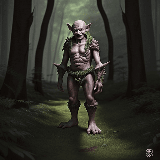 AI generated: good looking, DnD goblin with very big feet in a forest, cinematic light, photorealistic, mystical