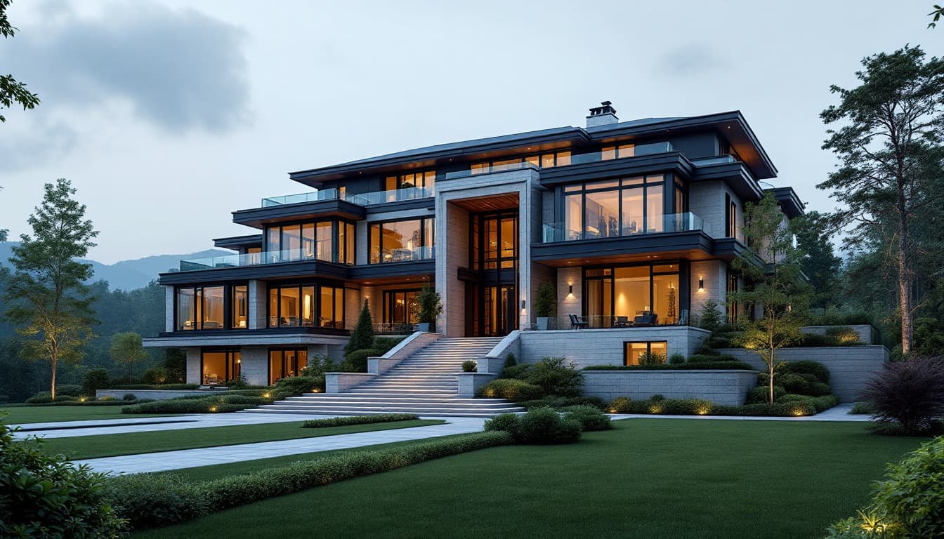 AI generated: modern 6 story house, long royal steps to entrance, beautiful long front landscape, front drop-off d...