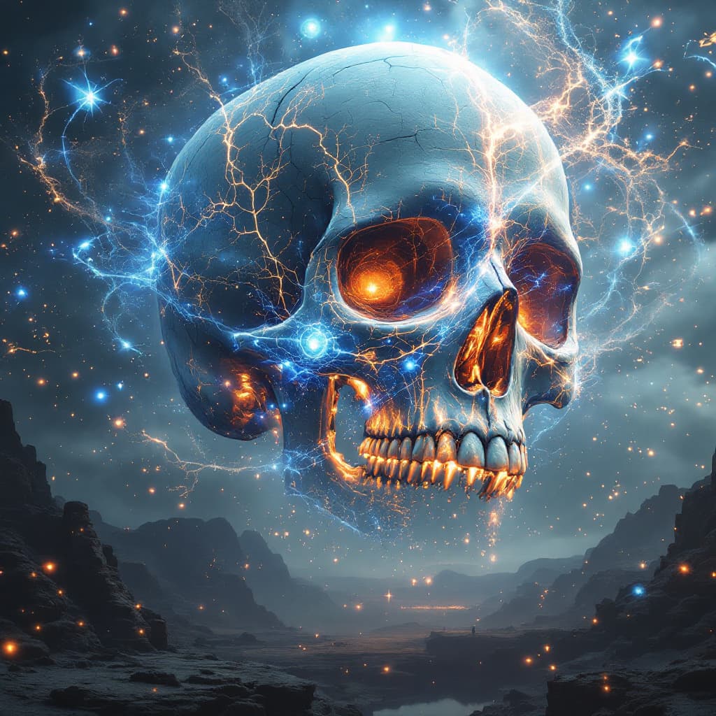 AI generated: A colossal, hyperrealistic human skull, 200 meters across, floats ominously in the sky like a godly ...