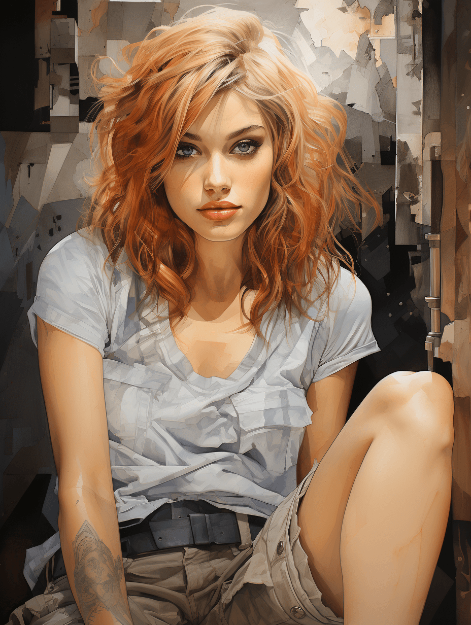 AI generated: a beautiful young woman in denim shorts by robert laine, in the style of celebrity image mashups, ka...