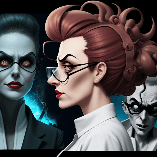 AI generated: sideview, mad scientist, woman, villain, cartoon