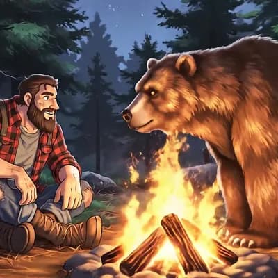 AI generated video: In the style of Anime A bearded man in a flannel shirt and weathered jeans sits cross-legged beside ...