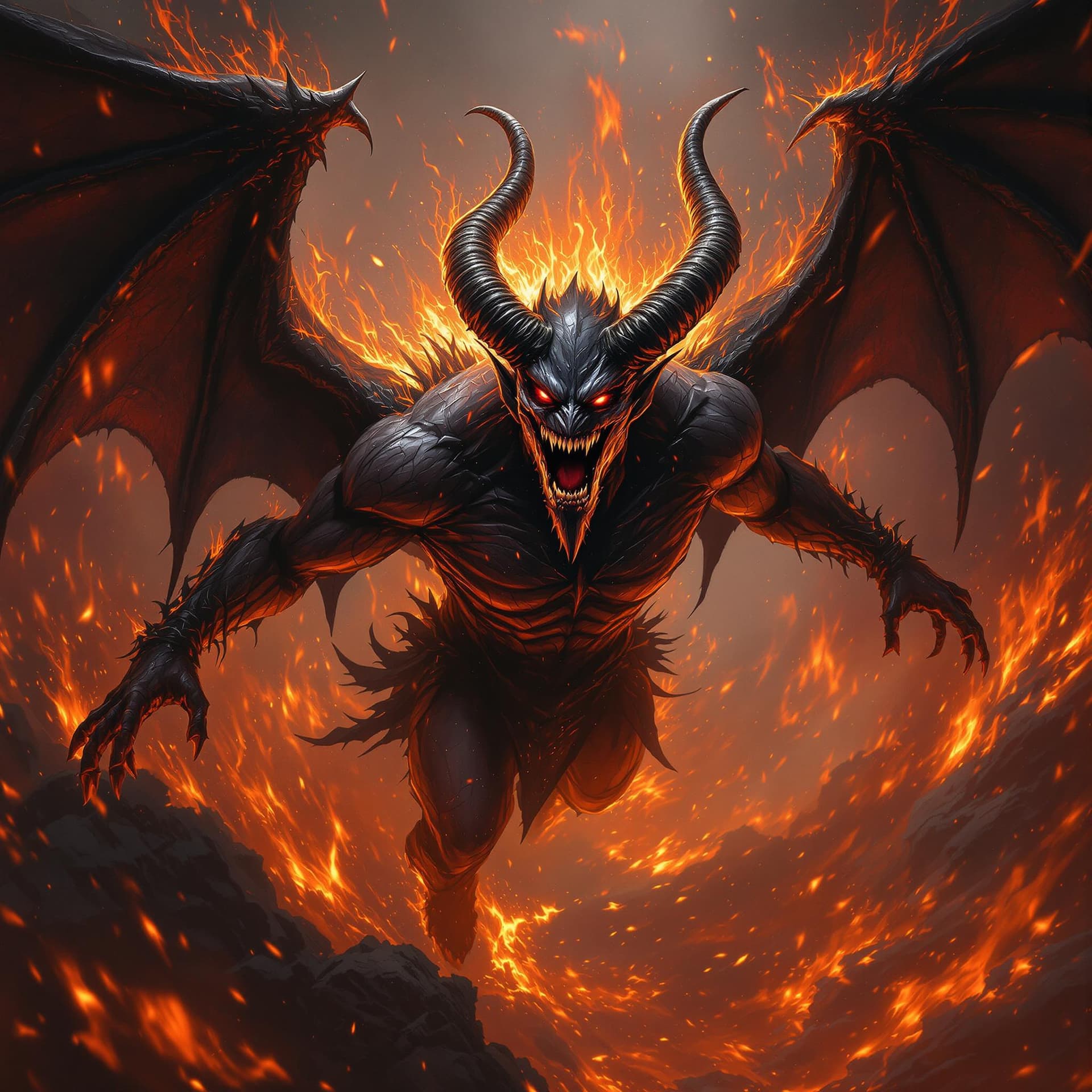 AI generated: avenging demon, majestic horns, bat wings, fierce and intense facial expression, soaring through hel...