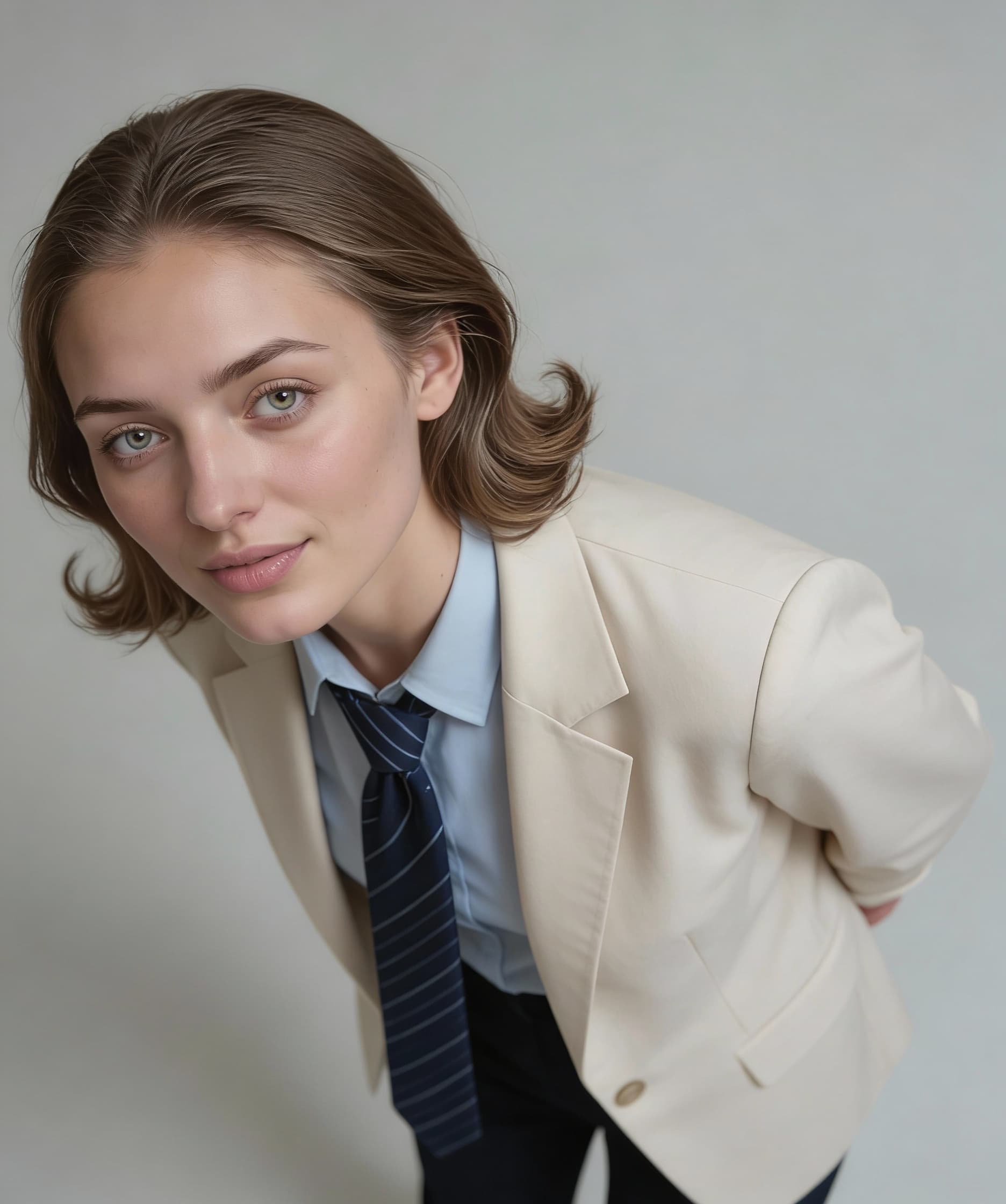 AI generated: Keep everything same...she is standing with her hands behind, lowered angle photo, leaning forward s...