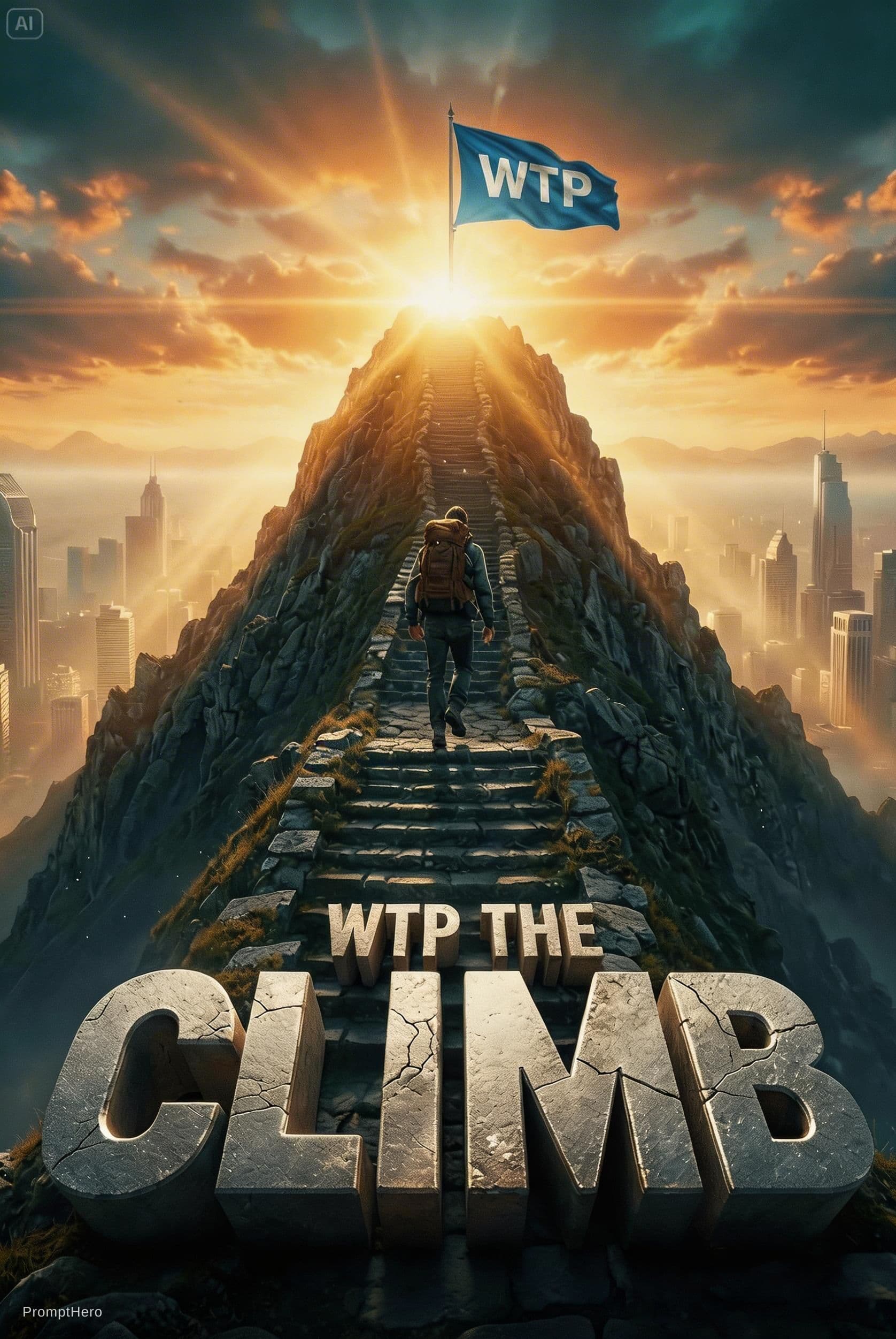 AI generated: Epic cinematic movie poster, ultra-realistic 8K, a lone adventurer climbing a steep
ancient stone st...