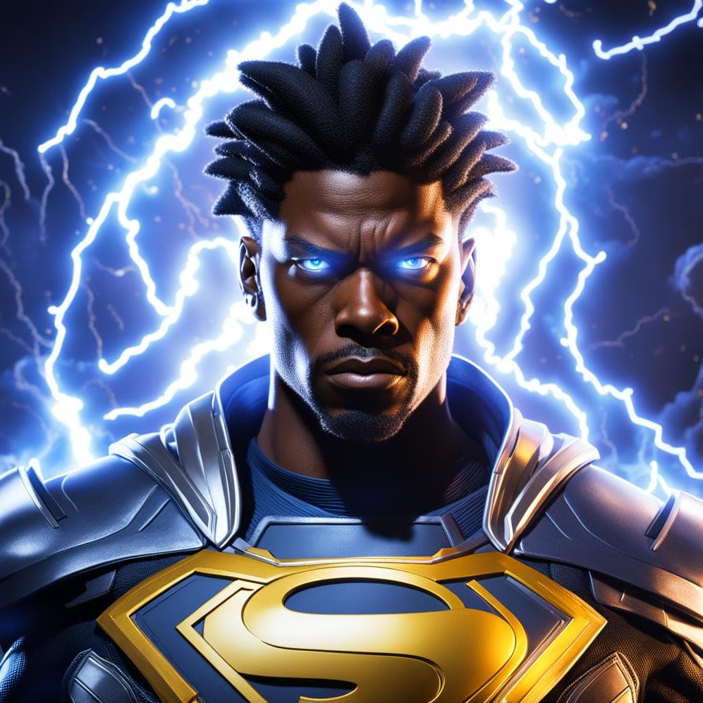 AI generated: Zoomed out | Full Body | view of Virgil Ovid Hawkins, as Static Shock from DC Comics, 8k sharp focus...