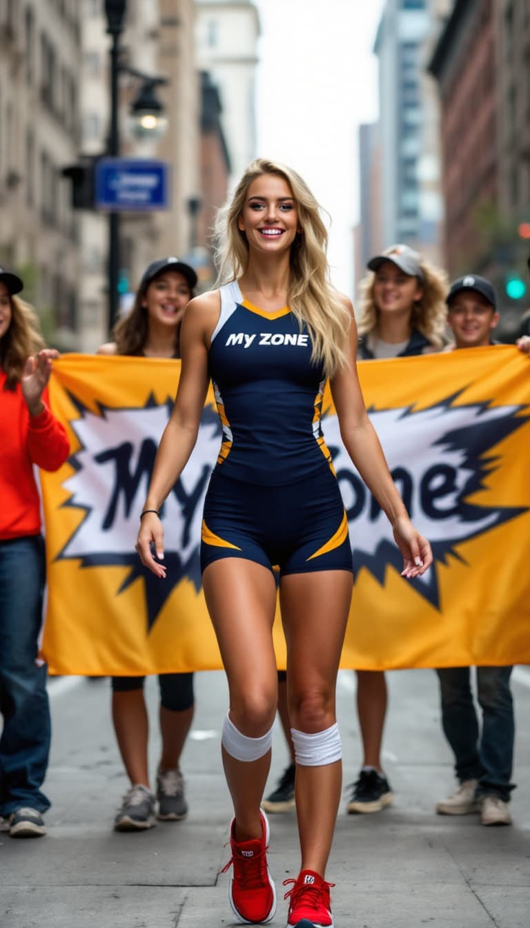 AI generated: A photo of a very tall blonde , beautiful, blue-eyed volleyball player who is 19 years old, large ch...