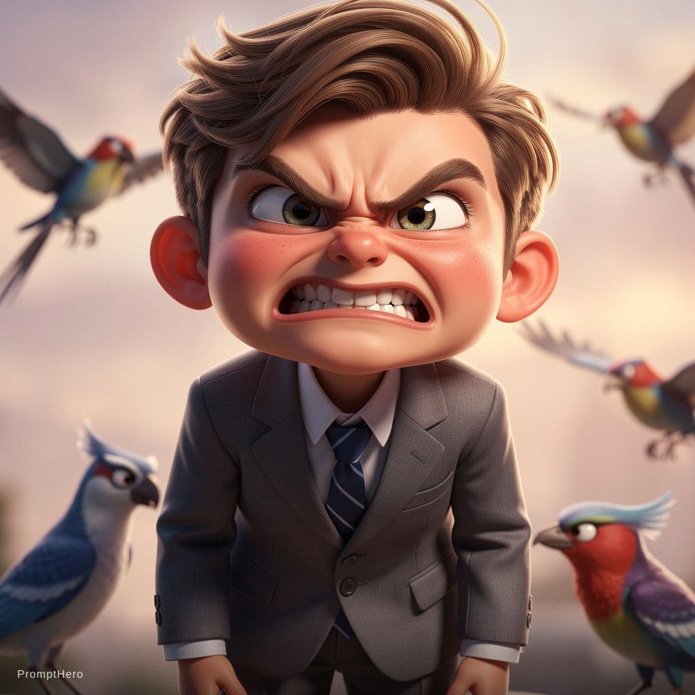 AI generated: a young boy in a business suit with a very angry expression, in the style of unreal engine 5, cartoo...