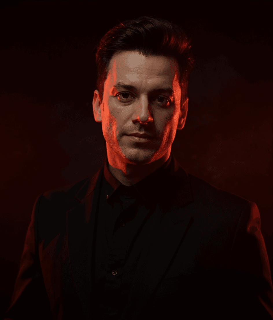 AI generated: shadowed model against a background that shifts from deep black to vibrant red, key lighting, soft d...