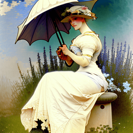 AI generated: a blonde woman in a white dress and white hat holding an umbrella on a grassy lawn, direct sunlight,...