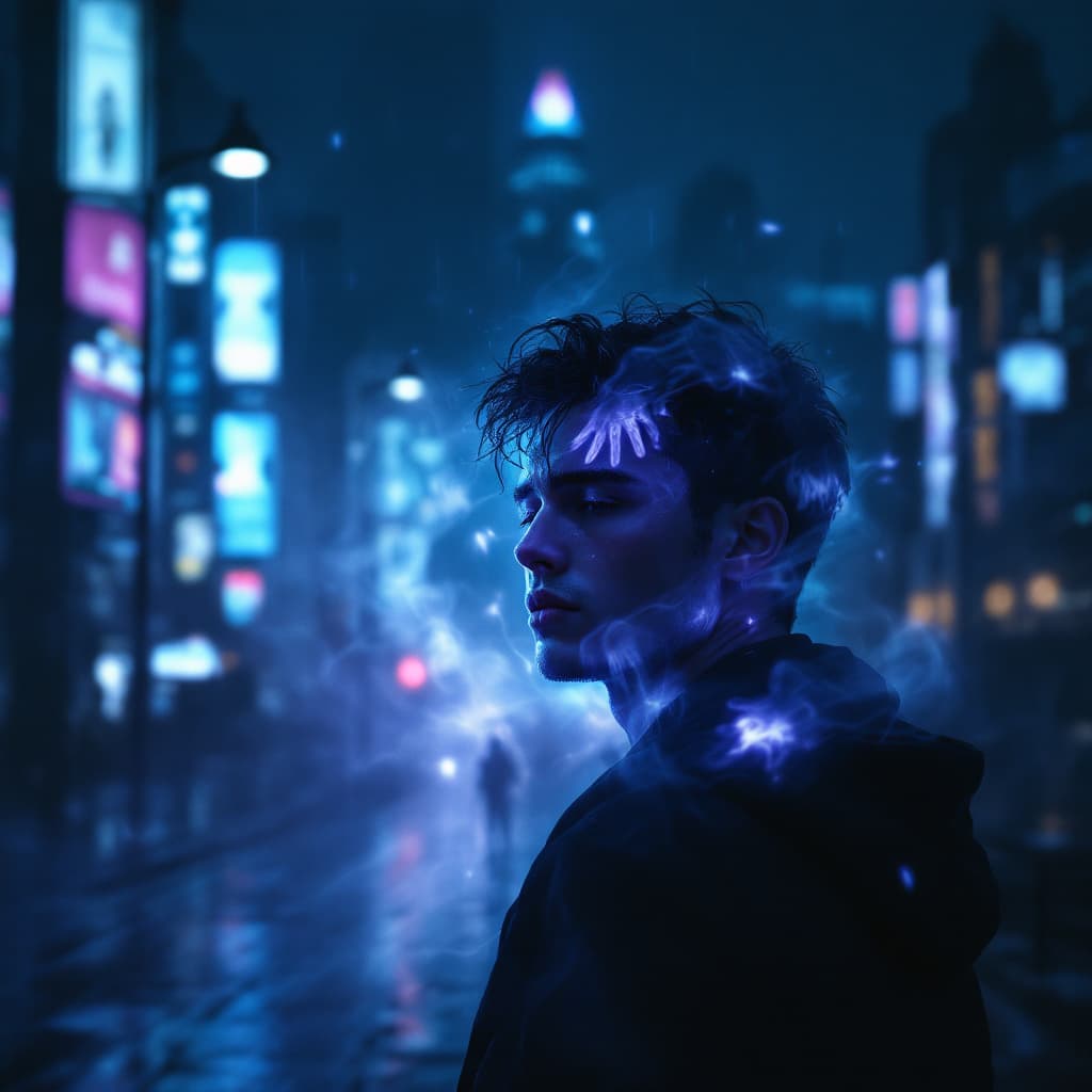 AI generated: A lone young man stands under a neon-lit cityscape at night, surrounded by fading silhouettes of a l...
