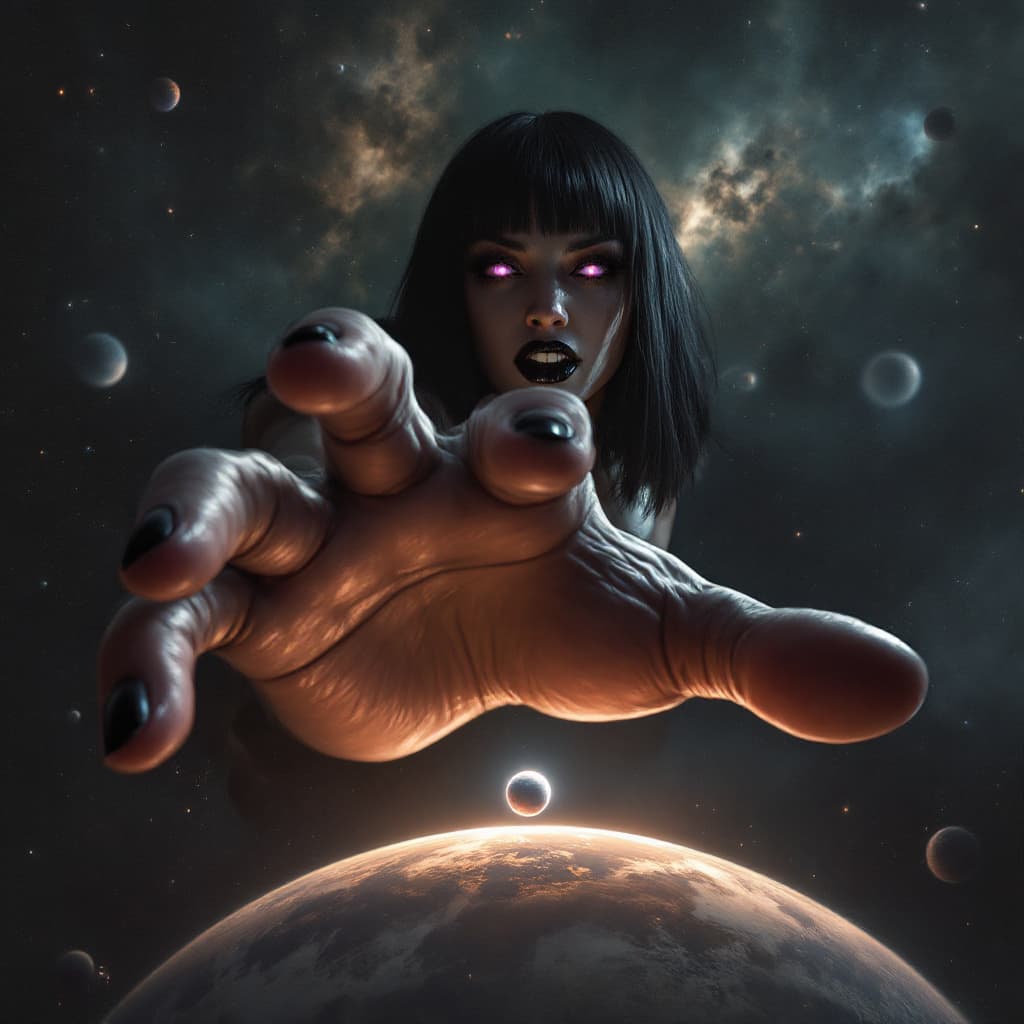 AI generated: enormous giantess female who looks exactly like WWE superstar 
 Rhea Ripley with black medium length...