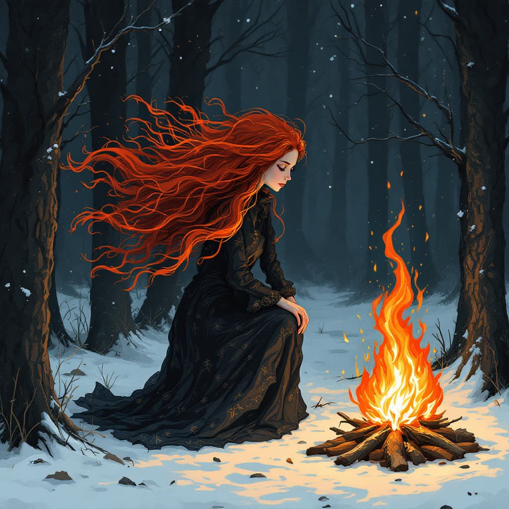 AI generated: A girl with fiery hair comes out in a campfire in a dark winter forest, spirit of the forest, dark n...