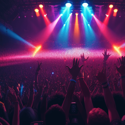 AI generated: wide angle cinematic photo top of concert crowd hands in the air, multi colored stage lights, 8k