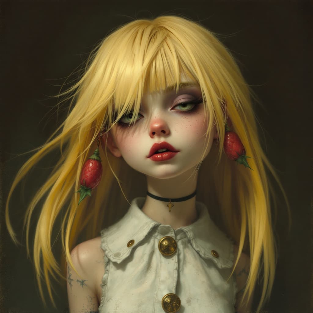 AI generated: Super Goth Girl, yellow blonde style, by Sam Toft, by Ross Tran, by Tim Burton, by Elsa Bleda