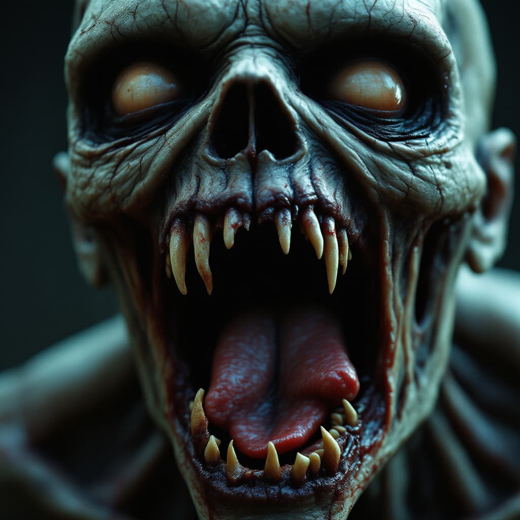 AI generated: An eerie close-up shot of a decomposing zombie, its mouth open in a soundless scream, revealing rott...