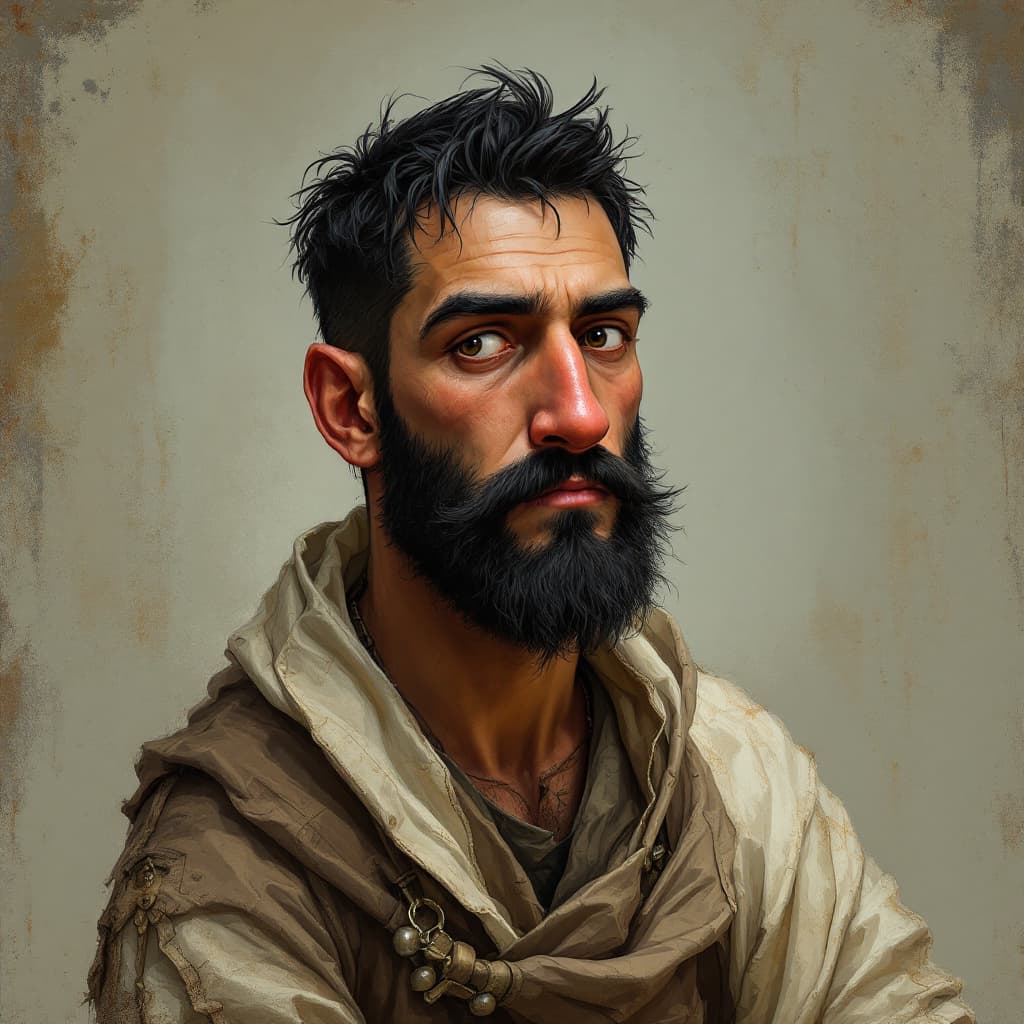 AI generated: Human artificer early thirties, black hair short beard, no mustache, very large nose, 5 feet tall, r...