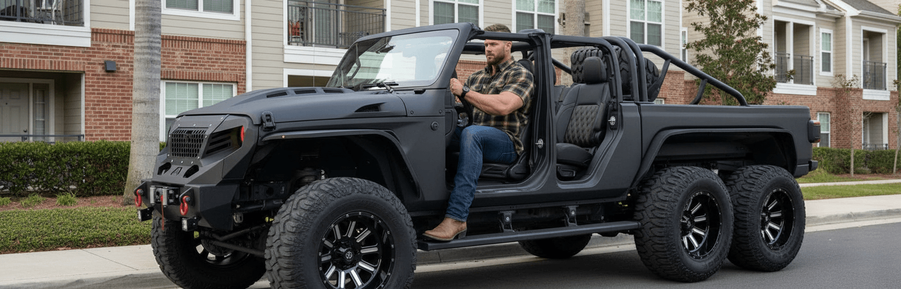 AI generated: A black door-less Jeep is parked across an apartment building in a nice neighborhood. The driver is ...