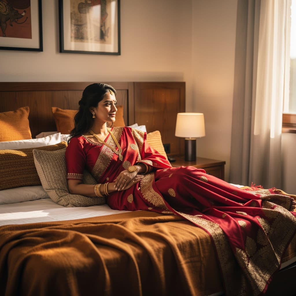 AI generated: A chubby indian beautiful woman sleeping in bed wearing red net half saree showing her hot legs 