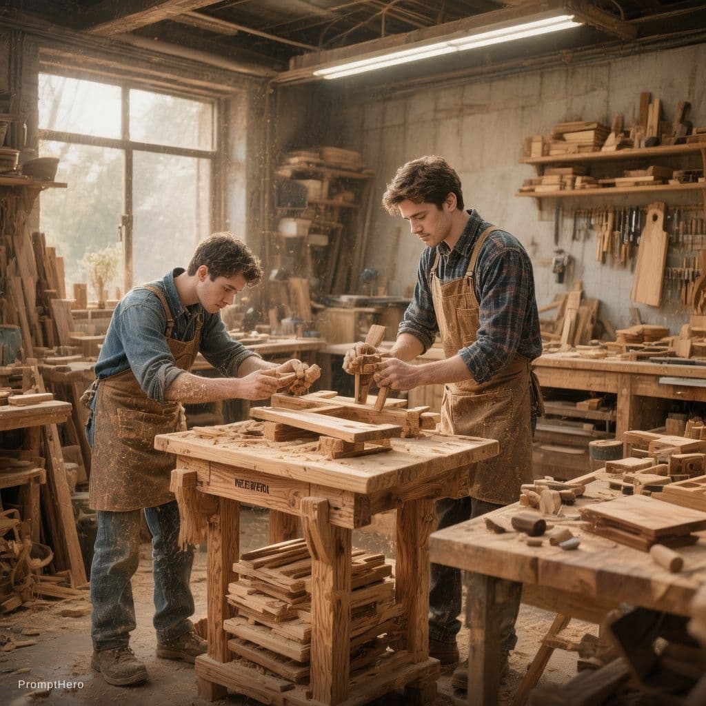 AI generated: realistic cinematic story of a young carpenter’s journey from a small dusty workshop to becoming a s...