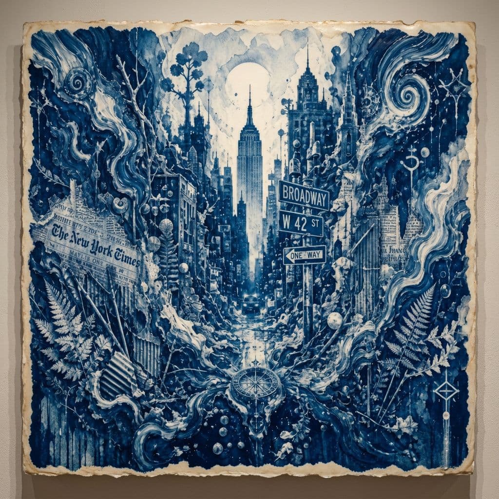 AI generated: Cyanotype rendering of a striking  abstract artwork in Encaustic wax style, masterfully blending sur...