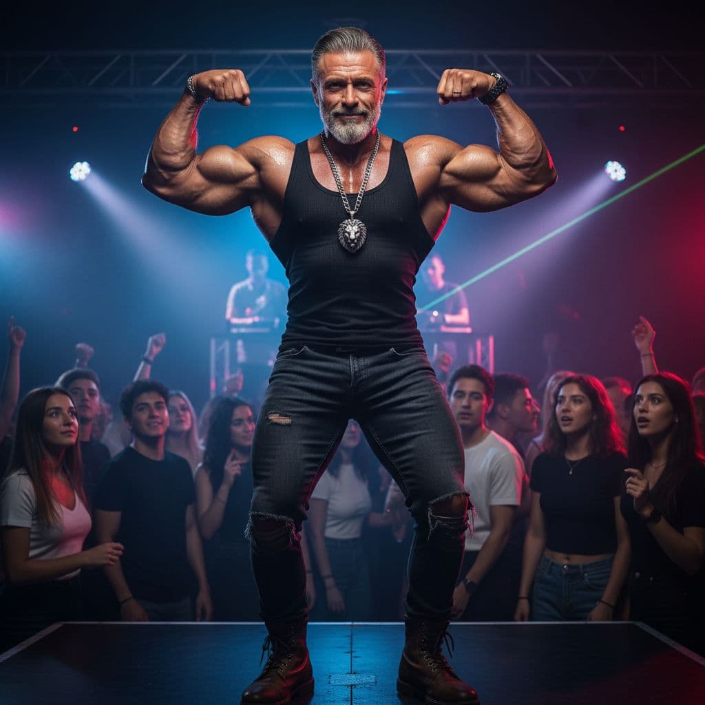AI generated: A man over 50 huge muscle daddy at club