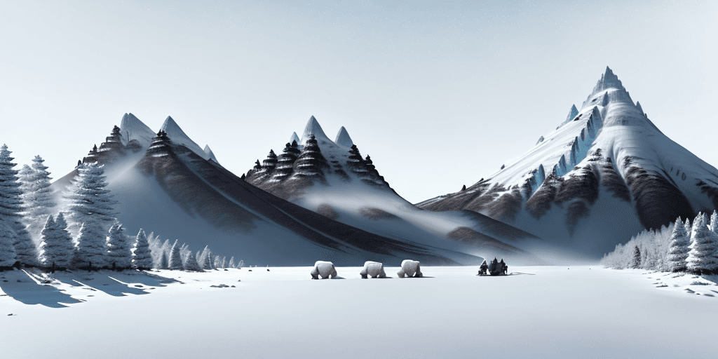 AI generated: Snow covered mountain with hoarfrost covered cedar and sprice trees and a snow covered clearing that...