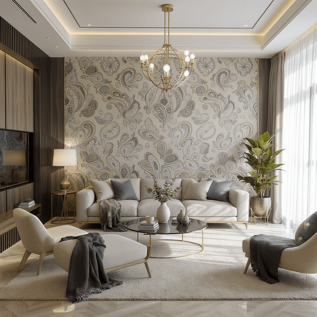 AI generated: hyper-realistic modern living room with a Paisley theme
