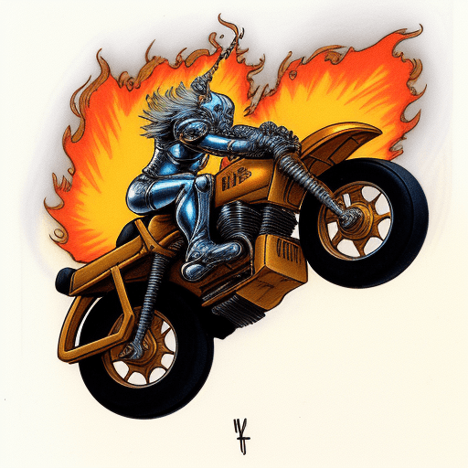 AI generated: 80s drawing fantasy knight on a 3 wheeler ATC 200 wheelie tribike jumping through flames acrobatics ...