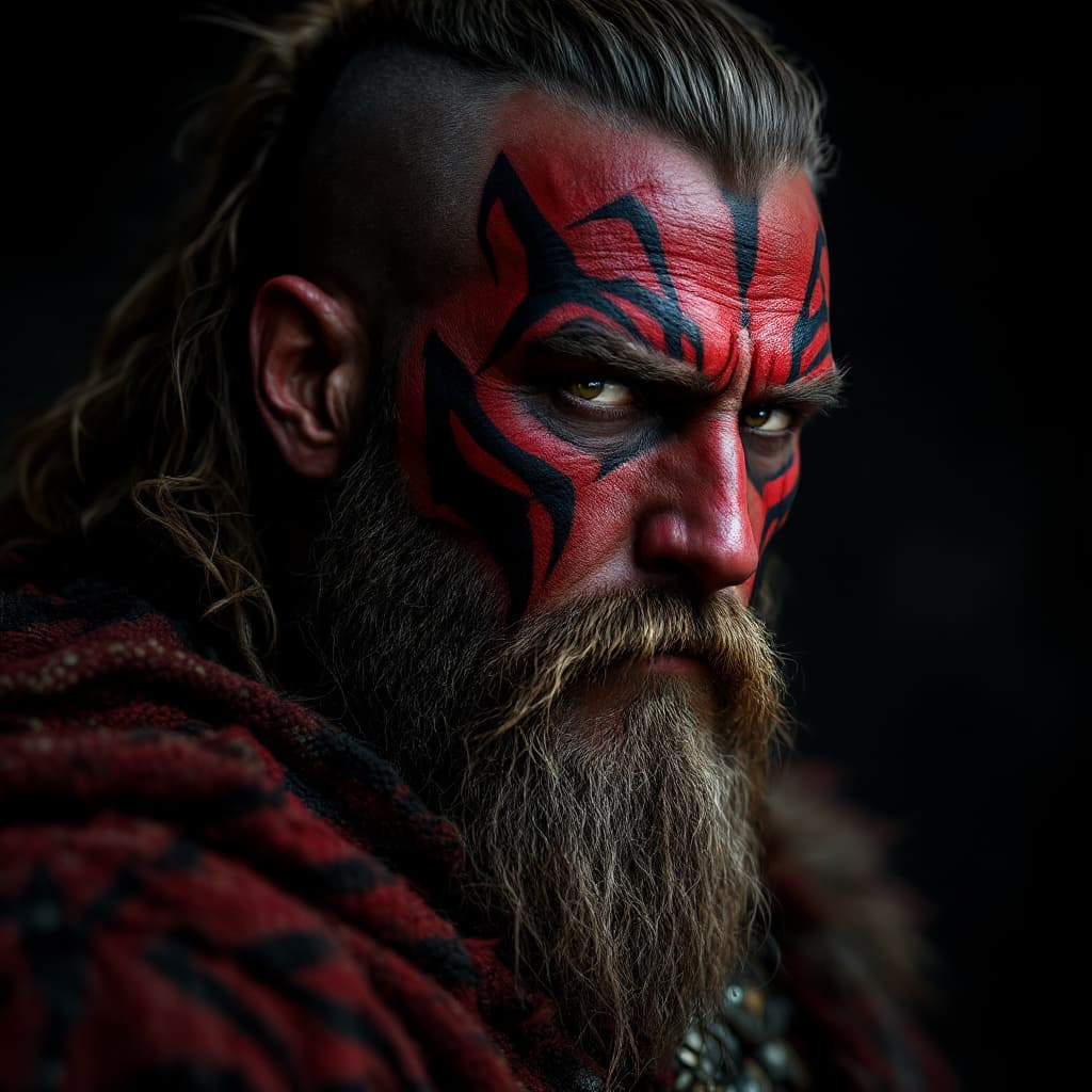 AI generated: Hyperrealistic portrait of a Viking warrior chief, adorned with tribal panther makeup in striking re...