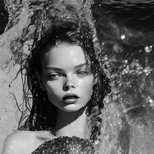 AI generated: a black and white photo of a woman in the water, mert and marcus, drops, kristine froseth, carola ru...