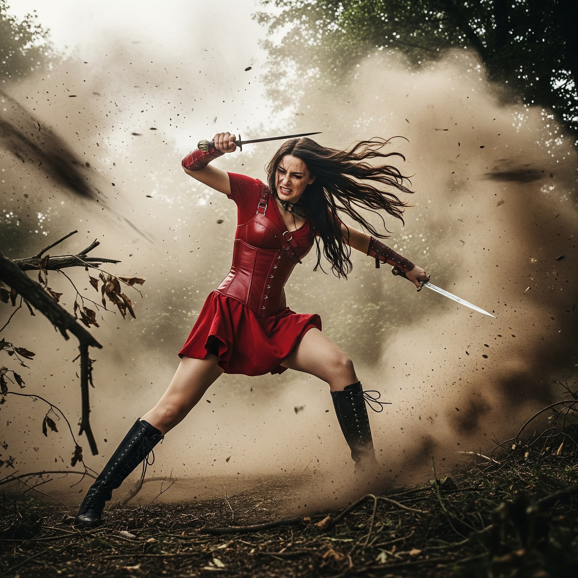 AI generated: A dynamic action shot, captured from a low angle, of a woman with long, dark, flowing hair, wearing ...