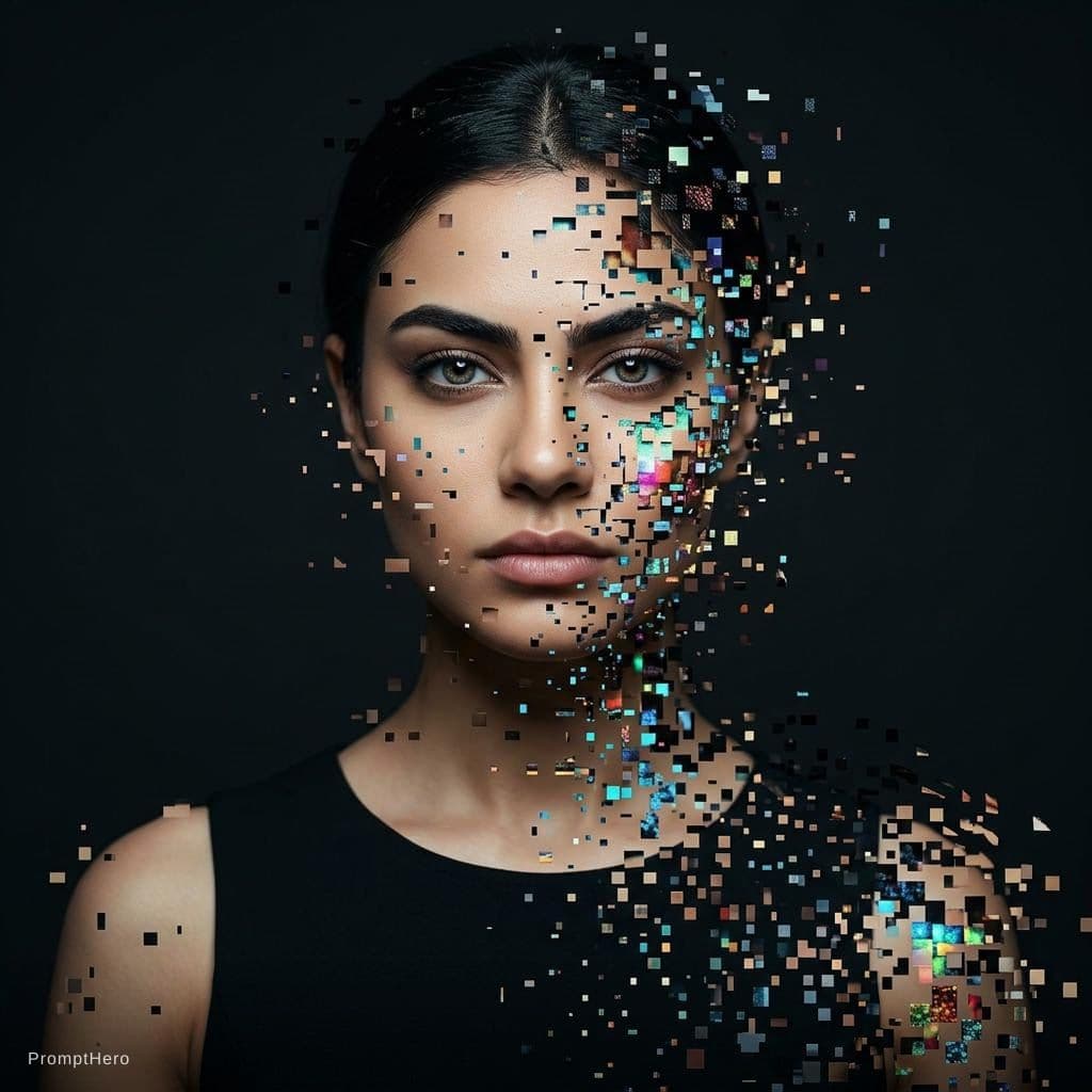 AI generated: portrait of a woman, front shot, gaze, avant-garde styled, wearing a minimalist black wear, features...