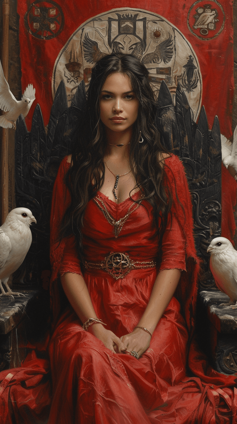 AI generated:  The queen of light sitting on her throne surrounded by white doves flying in front of an owl perche...