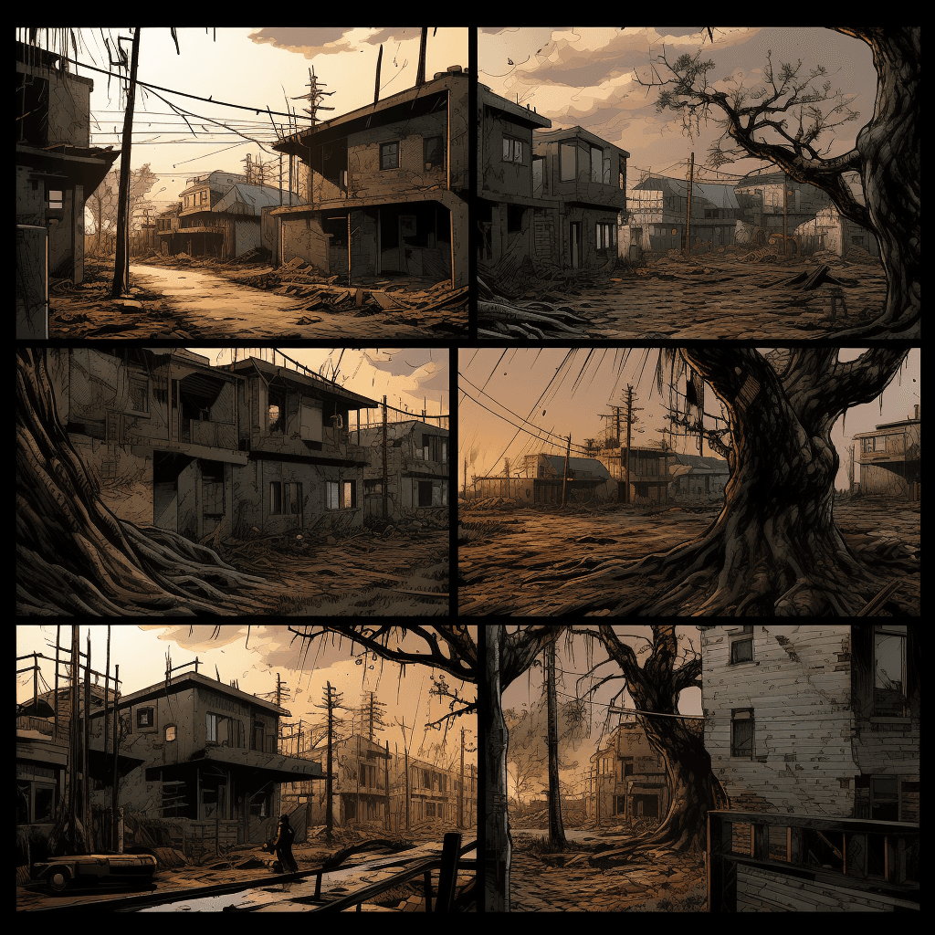 AI generated: pages of various scenes from the comic book stumbled souls, in the style of precise, detailed archit...