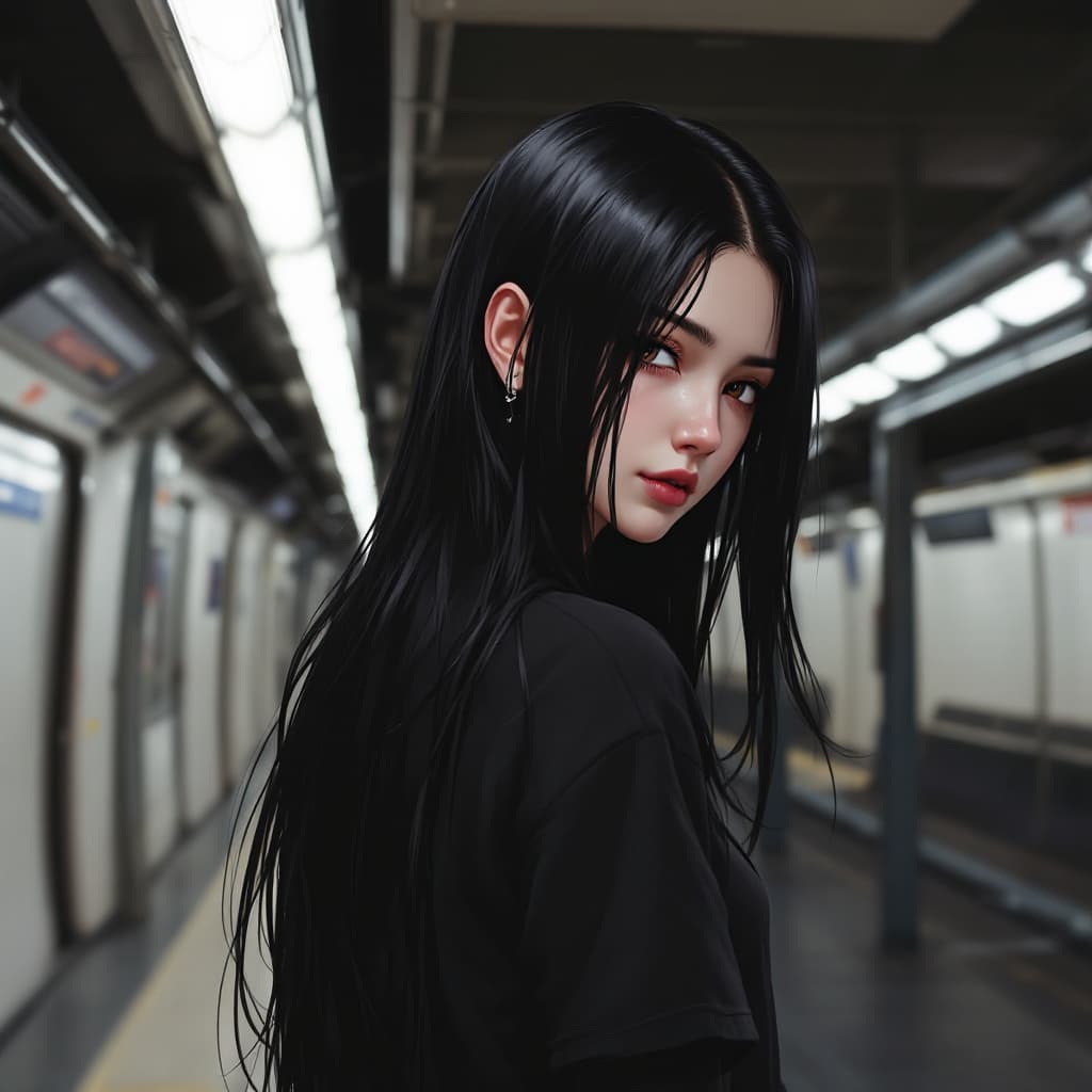 AI generated: Female, Young adult female, long black hair, sleepy dark brown eyes, very pale, wearing black tight ...