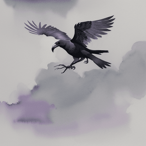 AI generated: watercolor with high water content, hazy painting of a crow in flight through clouds, with its wings...