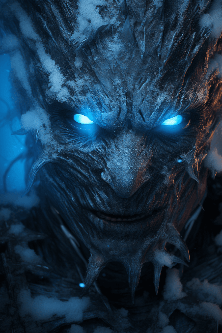 AI generated: Hyper realistic detailed photograph of the Game Of Thrones, Winter is coming, The Night King, blue n...