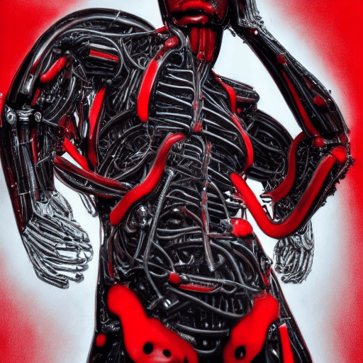AI generated: bio-mechanical human, red and black colors,strong contrast, hellish environnement, hyper-realistic