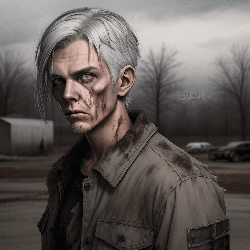 AI generated: 
A young man with gray hair wearing clothes from the zombie apocalypse. Looks into the distance. Por...