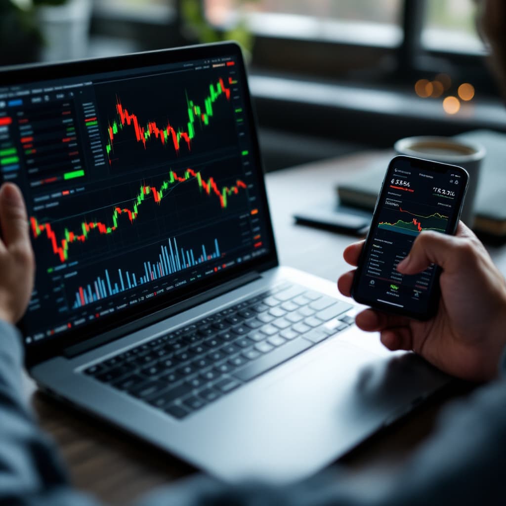 AI generated: A professional image of a person analyzing stock charts on a laptop, with a smartphone displaying in...