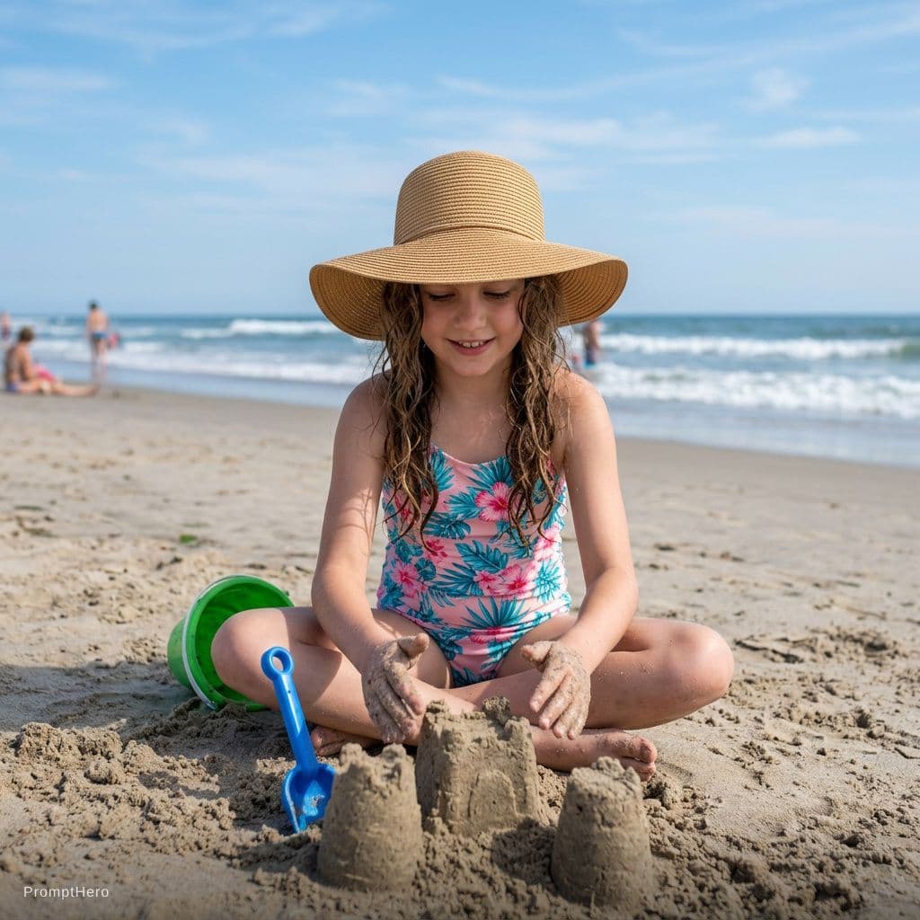 AI generated: a young girl about 10, sitting on the beach in swimsuit, playing sand is front of her, 
facing forwa...
