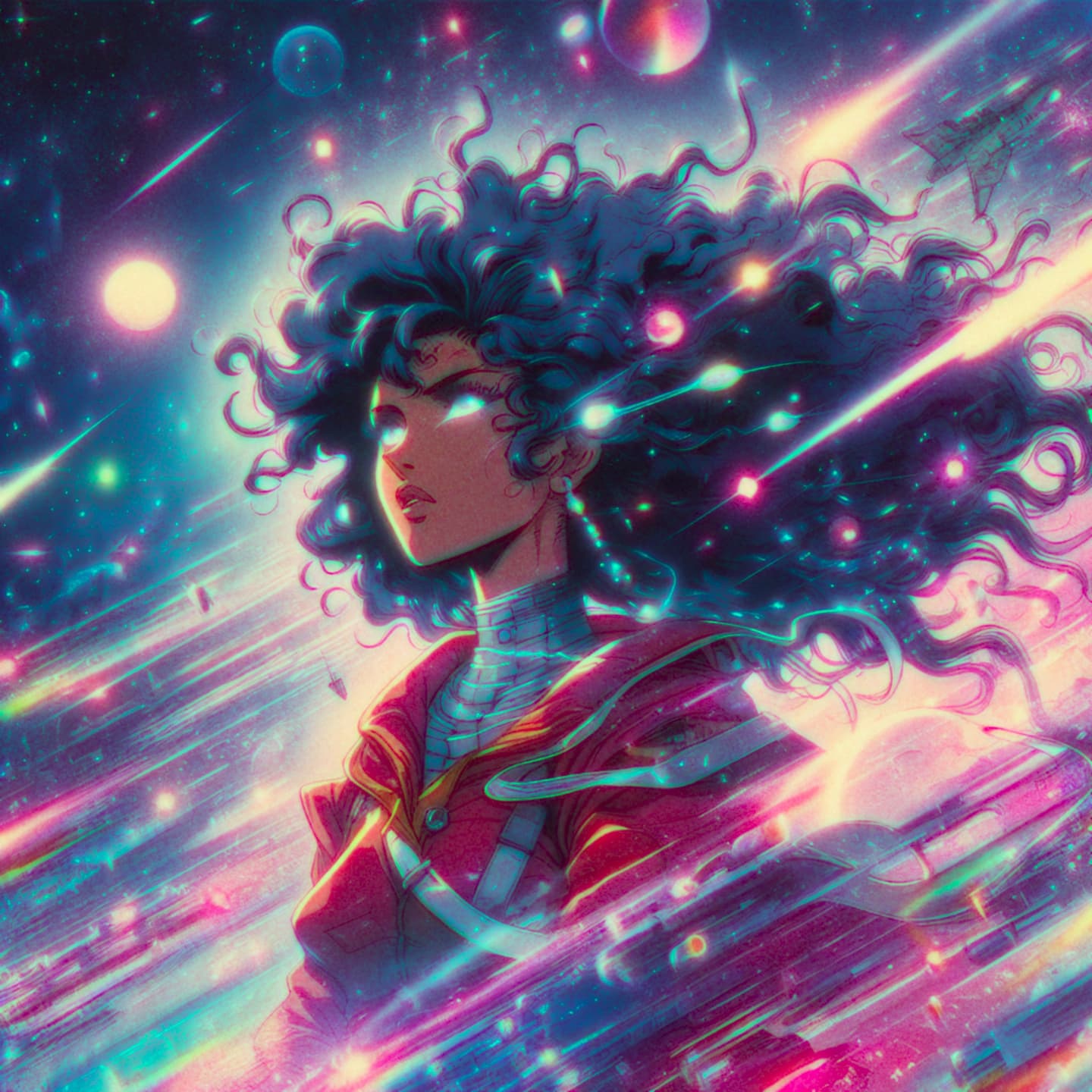 AI generated: Really old vhs reproduction with visible artifacts and damaged texture of a 80's sci fi anime, A bra...