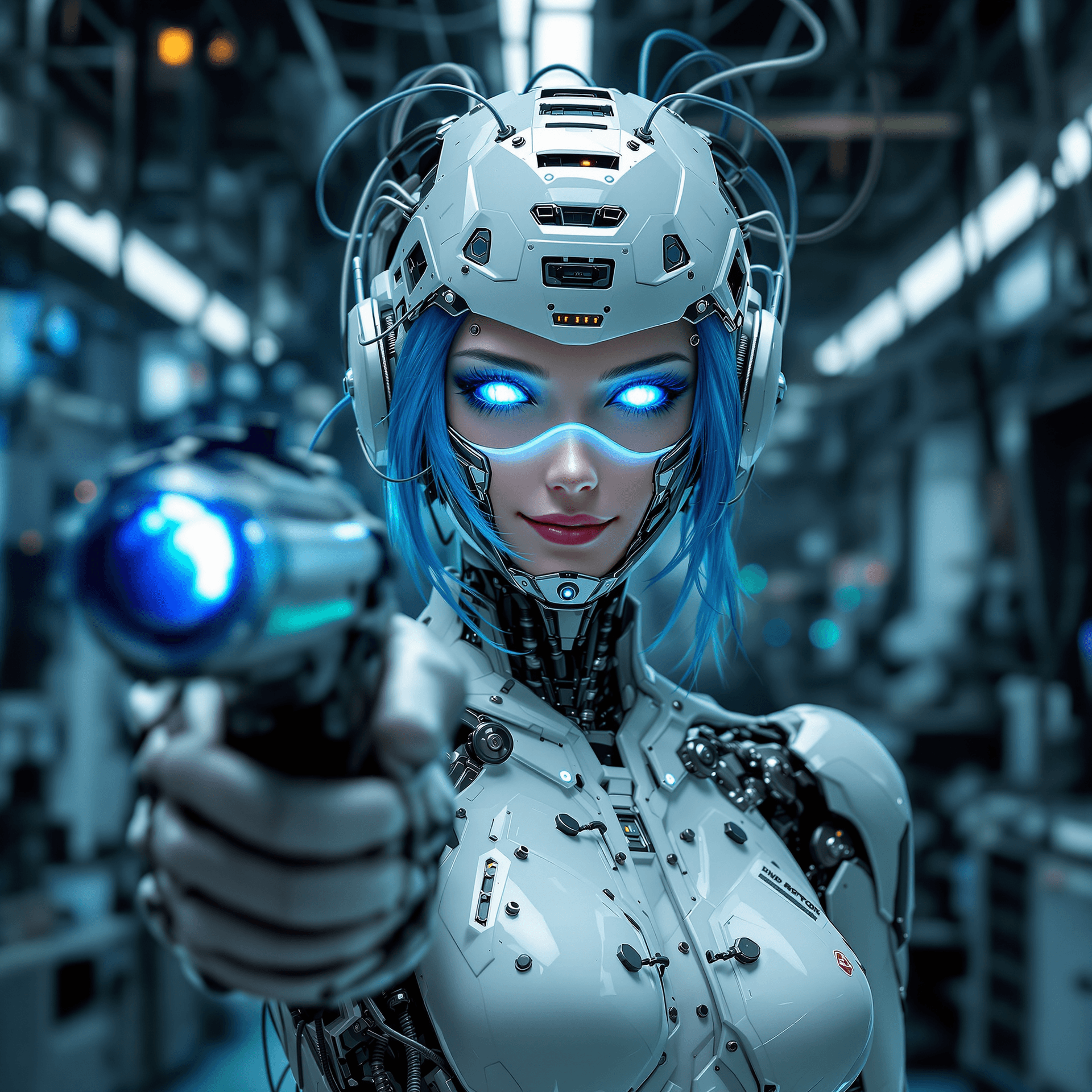 AI generated: medium shot, robotic lab,Cyberpunk humanoid robot female, blue hair, cybernetic helmet, futuristic c...