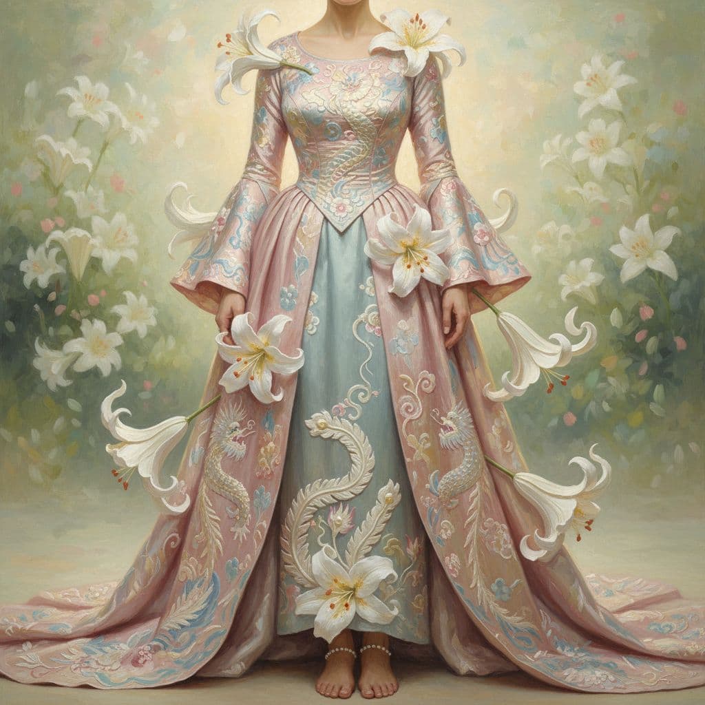 AI generated: Full bodily view of Queen Giglio, standing. Flowing 19th-century pastel-colored gown with intricate ...