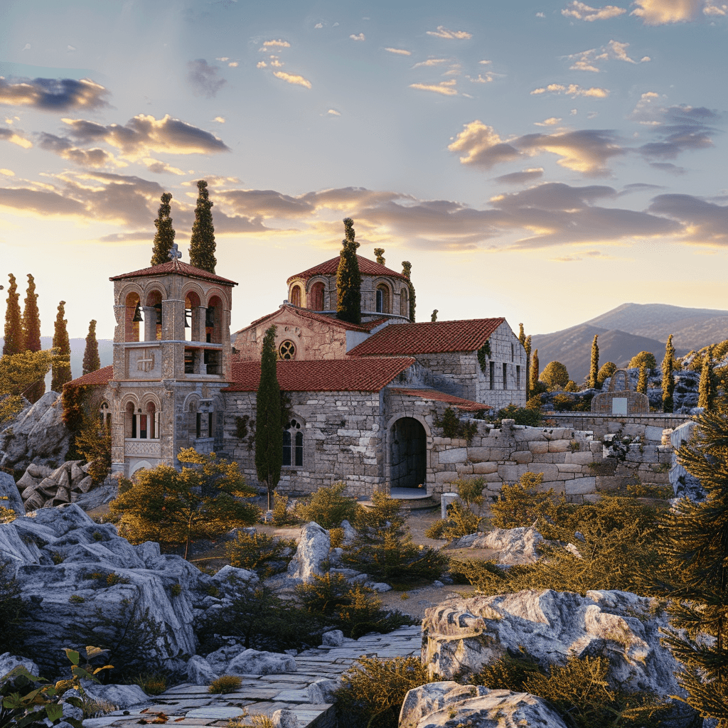 AI generated: Byzantine church at sunrise , trending on artstation, sharp focus, studio photo, intricate details, ...