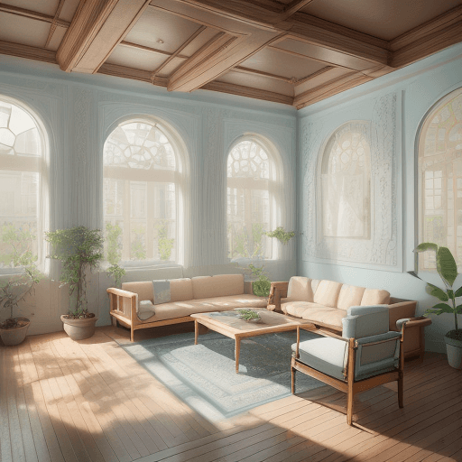 AI generated: High resolution photography interior design, dreamy sunken living room conversation pit, wooden floo...