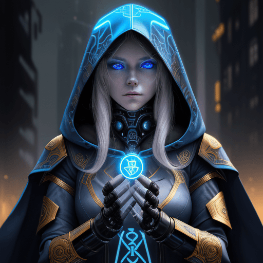 AI generated: Create an image of a cybernetic mystic. The figure has a young woman's face, glowing blue eyes, and ...