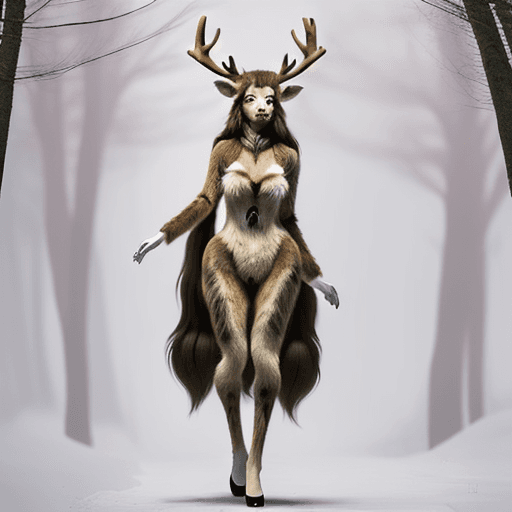 AI generated: anthropomorphic deer woman, flowing fur, bipedal, full body, fluffy deer tail, beautiful deer face, ...
