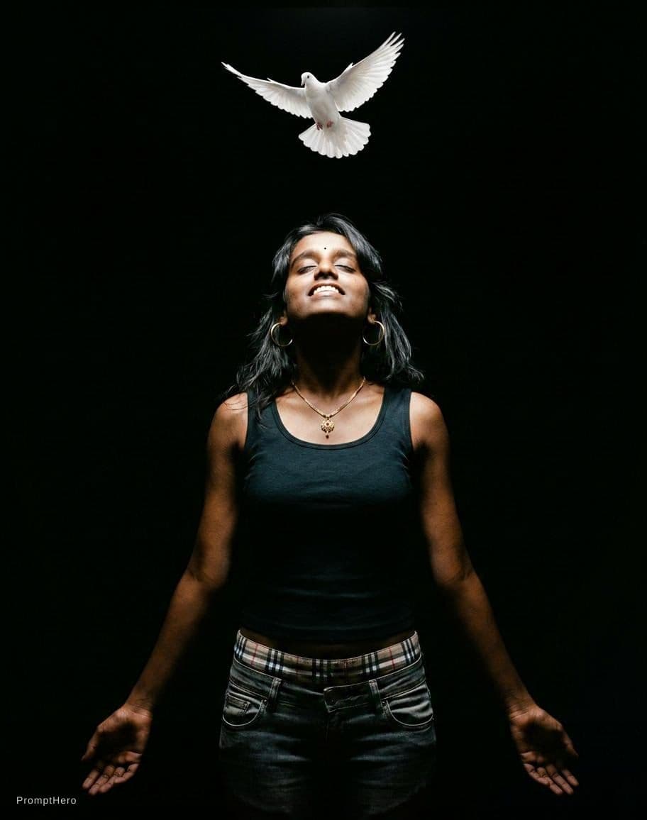 AI generated: A mid-torso portrait of a female subject standing against a pitch-black void, illuminated by a drama...
